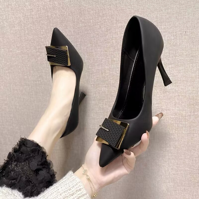 Black High-Heeled Shoes for Women, 2026 Spring/Summer New Style, Square Buckle Design, Unique and Stylish, Pointed Toe, Thin Heel, Shallow Mouth Single Shoes Black High-Heeled Shoes for Women, 2026 Spring/Summer New Style, Square Buckle Design, Unique and Stylish, Pointed Toe, Thin Heel, Shallow Mouth Single Shoes