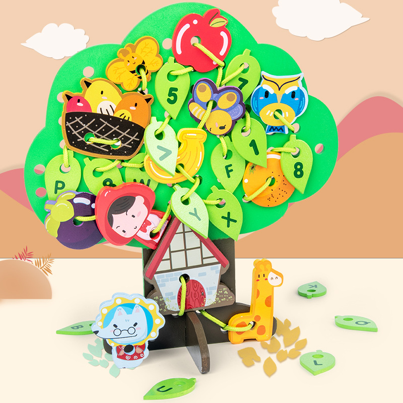 new pattern Puzzle Fruit tree game String Fruit tree children Early education wooden  Wear line Round the bead Toys
