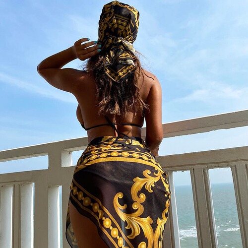 2024 New AliExpress Retro Printed Lace-up Sexy Bikini Swimsuit European and American Mesh Three-piece Swimsuit