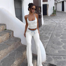 街头美式辣妹风印花挂脖低领吊带松紧腰包臀微辣长裤套装时尚女装