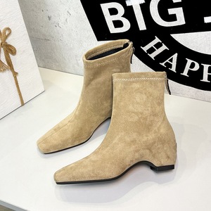 2323-1 Retro British style square toe short boots for women, suede back zipper with increased height, fashionable elasti