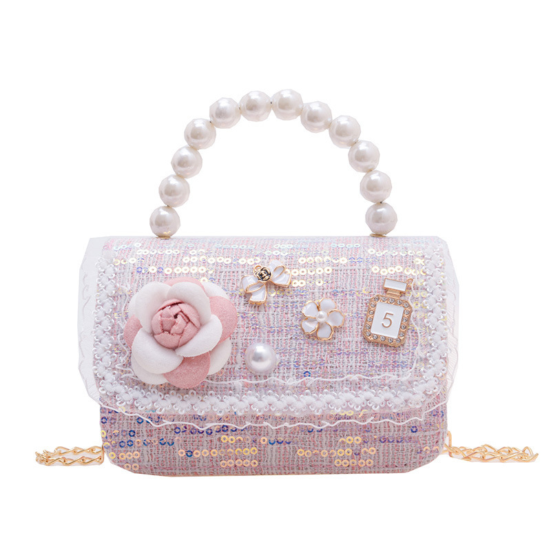 Bolsos infantiles princesa pequeña cadena de viento bolsa de perlas accesorios bolsos de mano niños de moda lindos bolsos de hombro de flores chicas