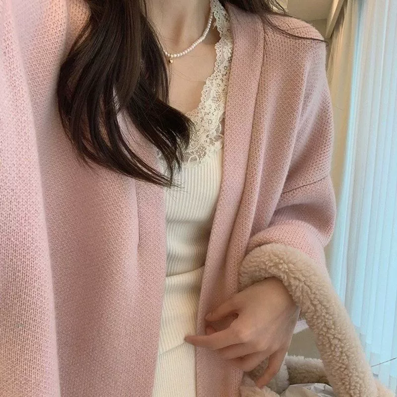 Soft Waxy Lazy Loose Large Edition вязаный кардиган для похудения свитер сплошной цвет пригородная одежда куртка средней длины Универсальная