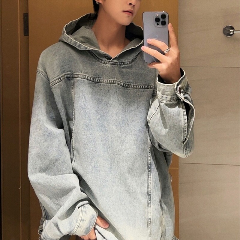 Blue American Style Retro Stitching Washed Distressed Denim Hooded Sweat Men and Women Ins Couple National Fashion Jeans Fashion