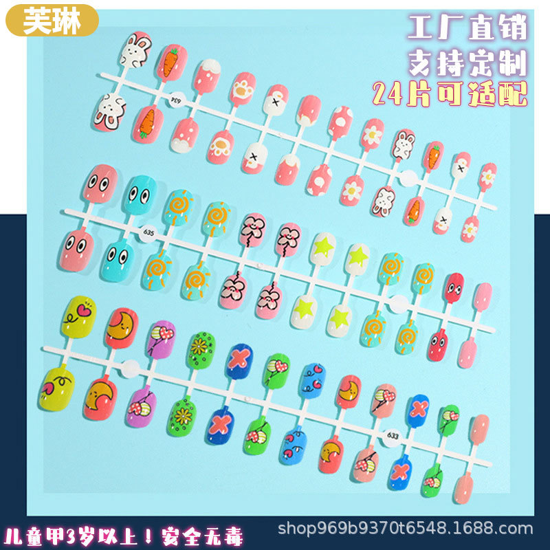 Nuevo desgaste hecho a mano uñas fresco lindo terminado dibujos animados niños desgaste uñas desmontable falso uñas manicura 24 unidades