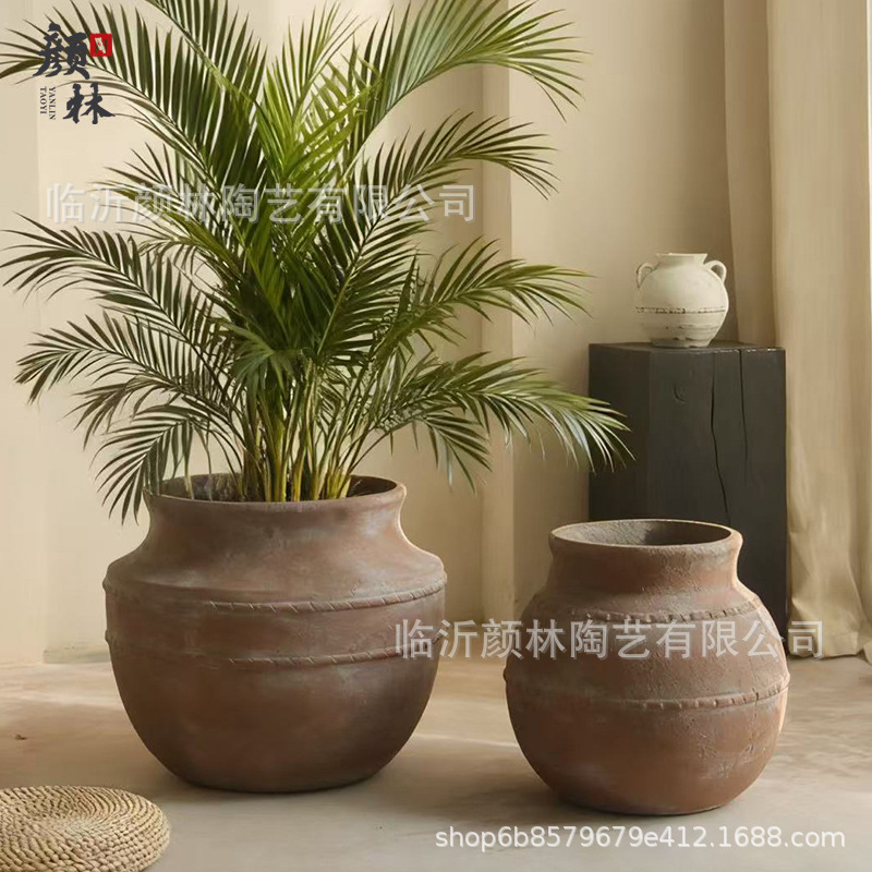 Retro manuales maceta de cemento gran vaso de estómago de textura natural Zen sala de té plantación verde ramas secas decoración floral