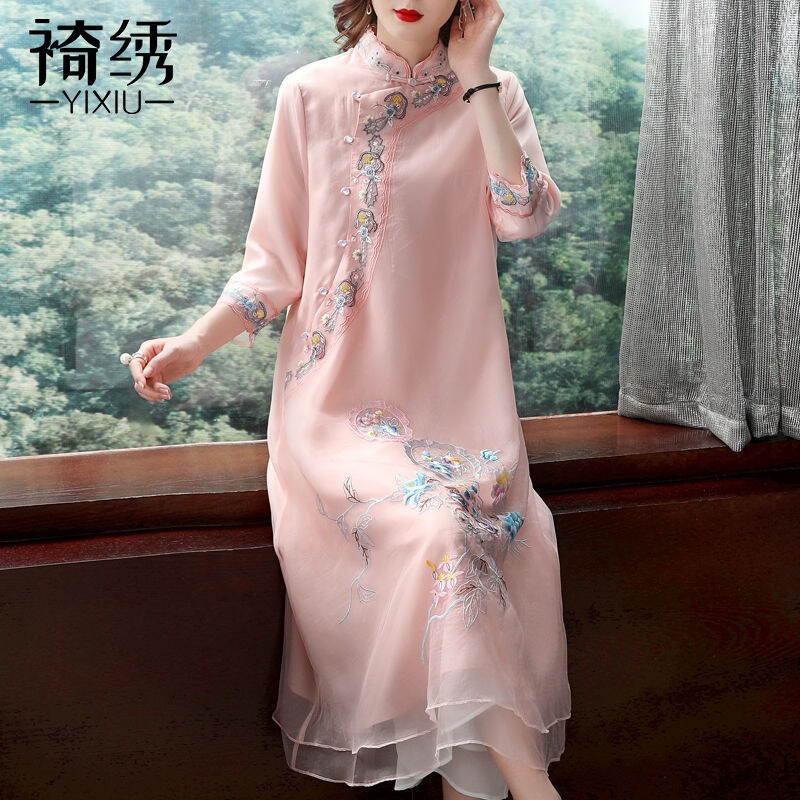 New Cheongsam Improved Version Dress Women's Long Style Young Style Loose Retro Embroider Chinese Style Women's Spring Clothing