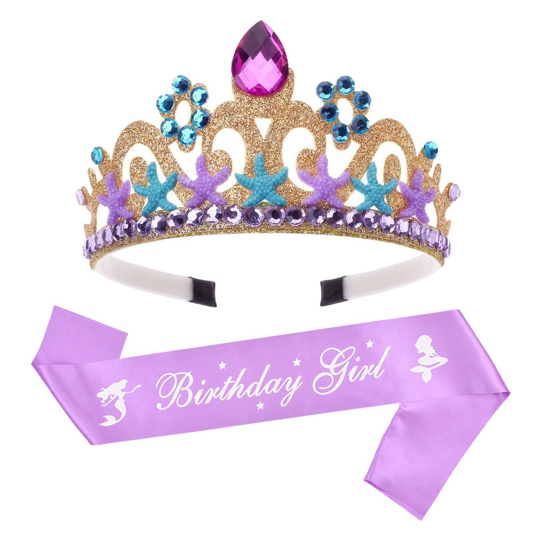 Sirena tema corona correa de hombro cumpleaños niña fiesta de cumpleaños diadema púrpura banda ceremonial
