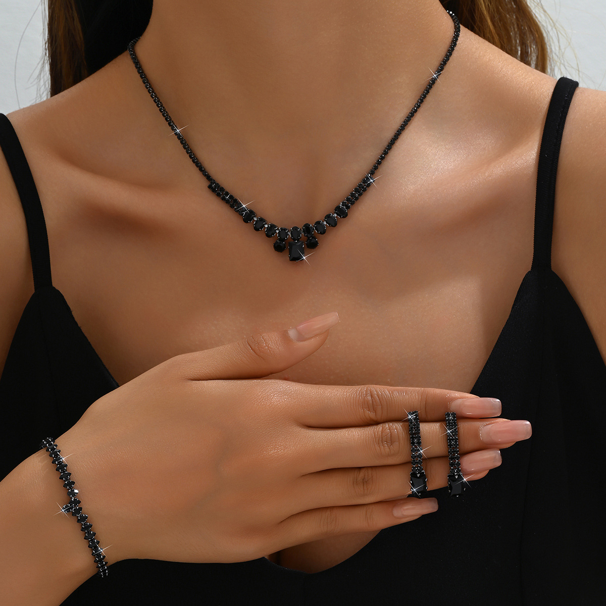 14g Weight Wholesale Jewelry Elegant Streetwear Geometric Copper Rhinestones Bracelets Earrings Necklace Tennis Chain
