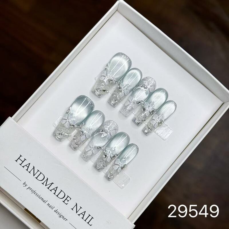 【純手作りのつけ爪29-32】ロングフレンチキャットアイパッチ付け爪、取り外し可能なネイルアートコレクション|undefined