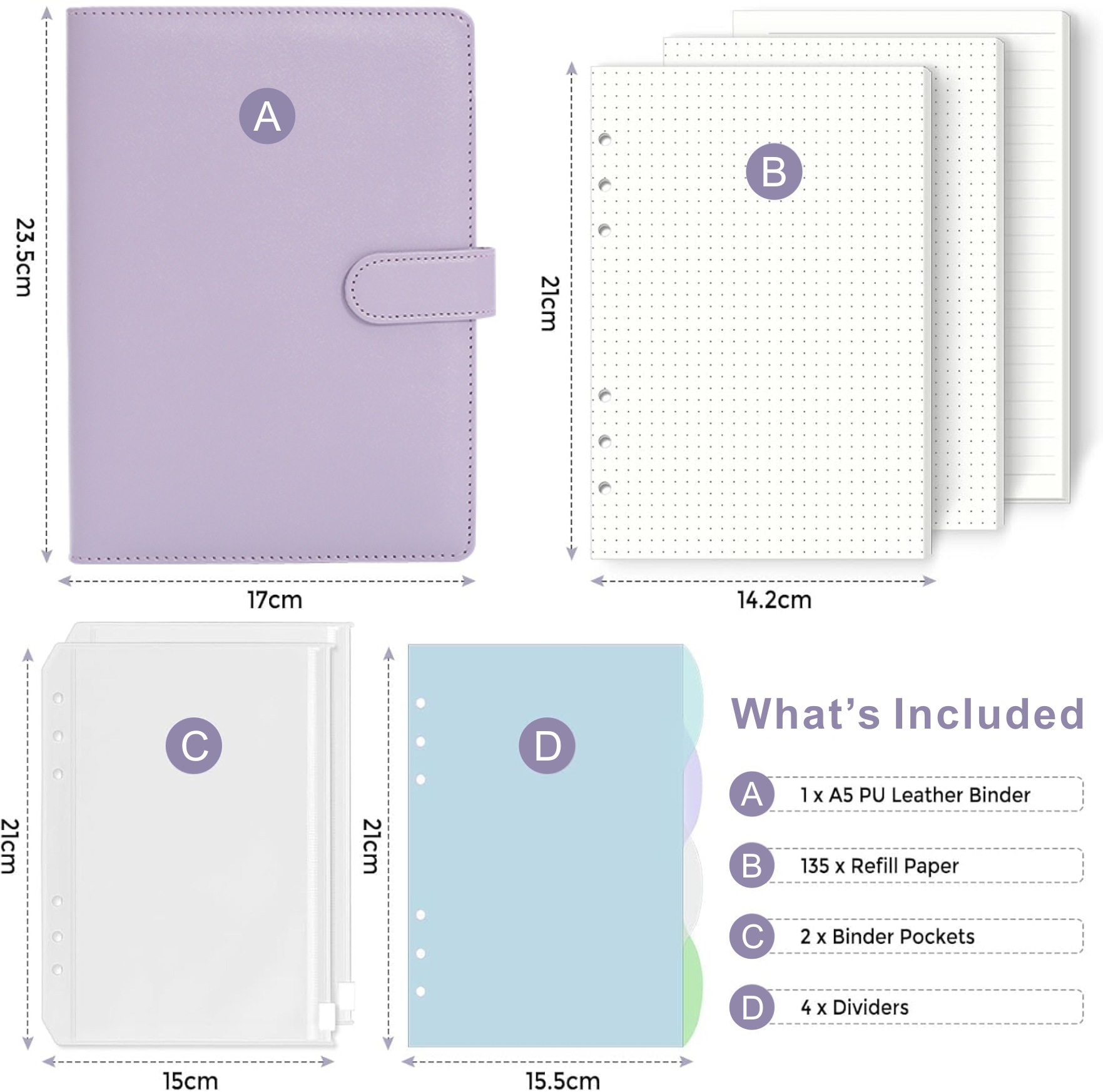 A5 마카롱-퍼플 (지퍼백 2개 + 컬러 페이지 카드 4개 + 도트 매트릭스 90개 + 가로 라인 45개)