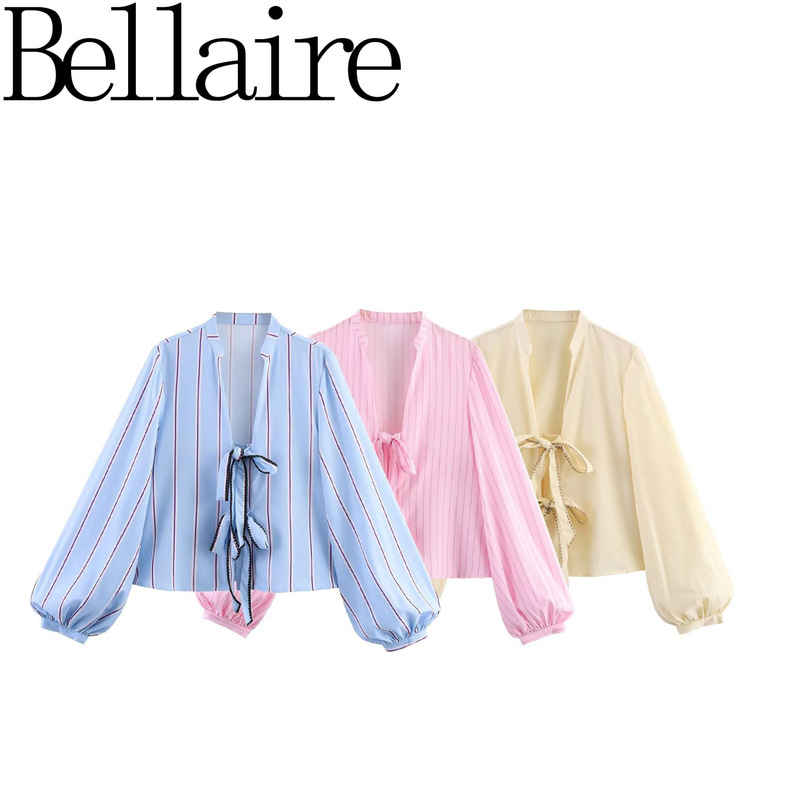 Za Export Wholesale Zr European and American Style French Women's 3-Color Lace-Up Bow Casual Long-Sleeved Shirt