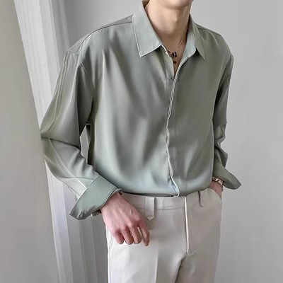 Unique Korean-Style Loose Long-Sleeve Shirt for Men, Spring and Autumn Trendy Drape Solid Color Wrinkle-Free Shirt Unique Korean-Style Loose Long-Sleeve Shirt for Men, Spring and Autumn Trendy Drape Solid Color Wrinkle-Free Shirt