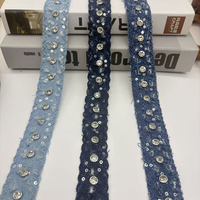 Denim fringed rhinestone trim, washed fabric with sparkling rhinestone lace, clothing DIY, hair accessories, box packaging, decorative accessories Denim fringed rhinestone trim, washed fabric with sparkling rhinestone lace, clothing DIY, hair accessories, box packaging, decorative accessories