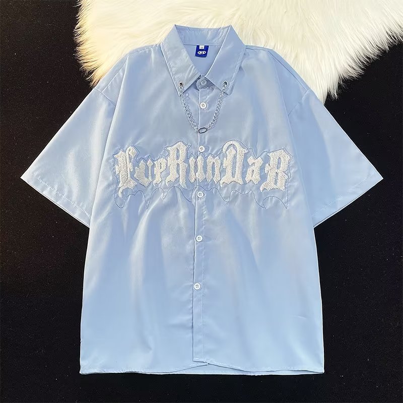 Impreso cuello cuadrado manga corta Camisa diaria primavera estándar hombres nueva moda Harajuku perezoso moda juvenil