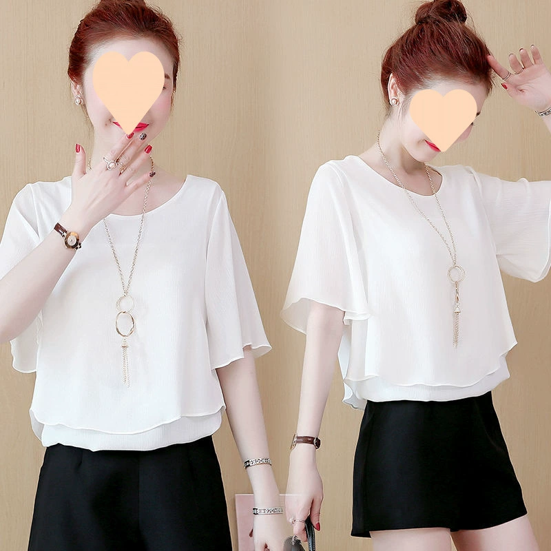 Шифоновая рубашка 2025, новая летняя женская рубашка с короткими рукавами, нижняя рубашка для скрытия живота и стройнящего топ, модный свободный корейский стиль