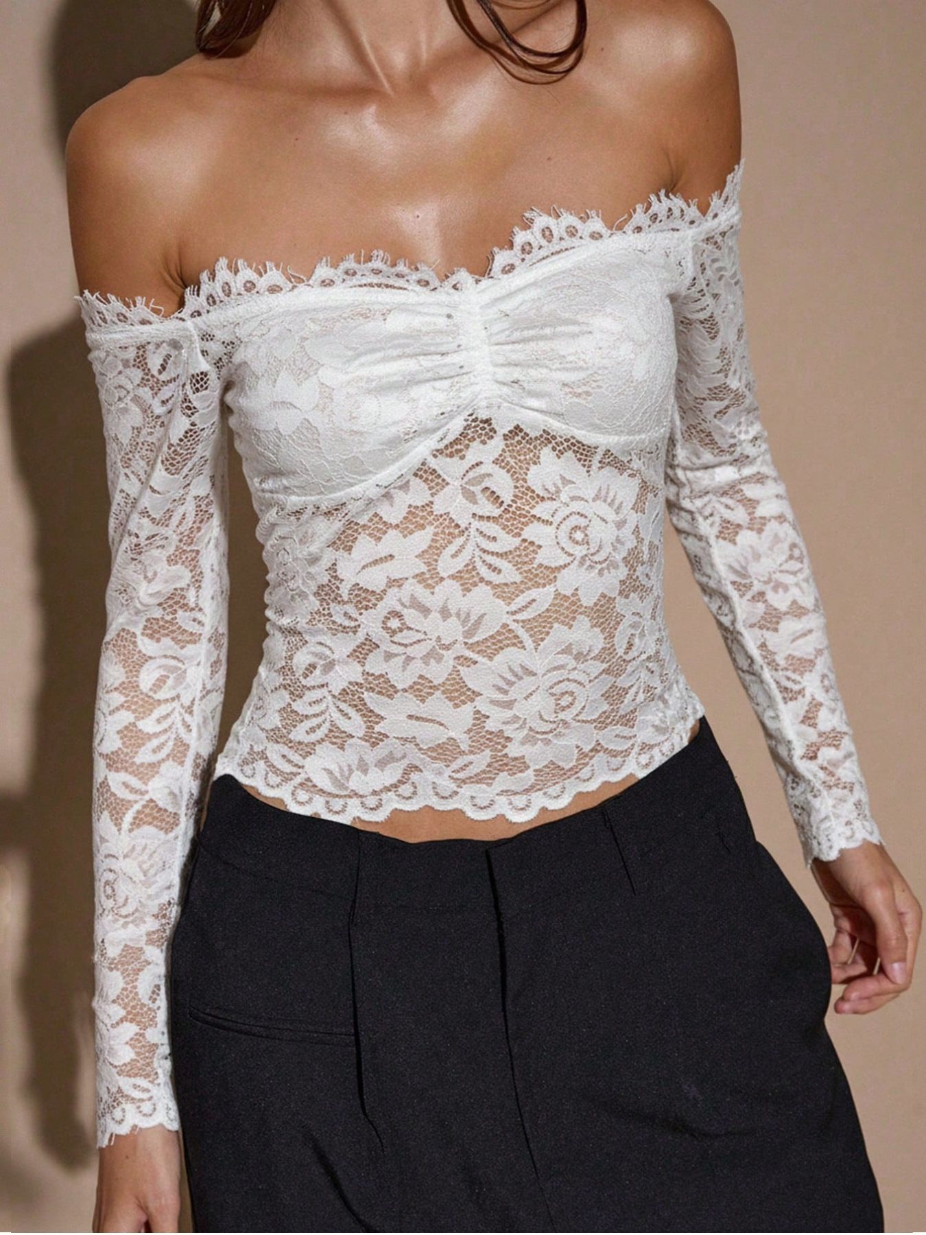 Spring/Summer Women's White Off-Shoulder Long Sleeve French Retro Lace Shirt Top_ecoleips.com