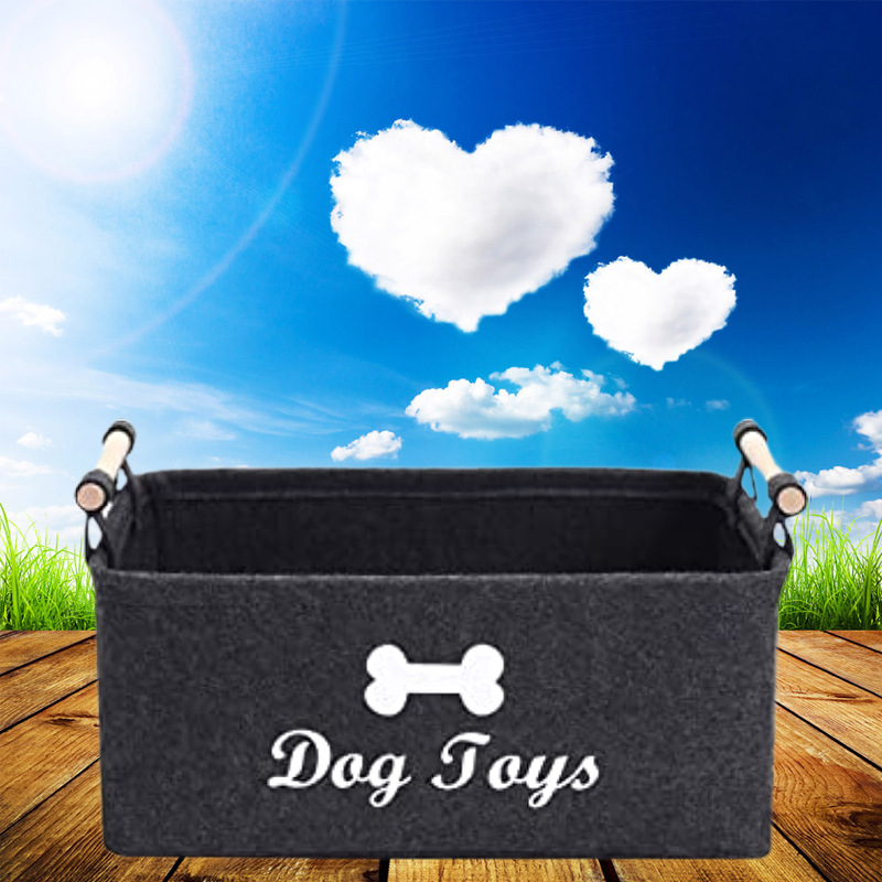 Caja de juguetes para mascotas de fieltro Caja de juguetes para perros Cesta de almacenamiento Bolsa de almacenamiento Mango de madera Caja de fieltro de juguete para mascotas