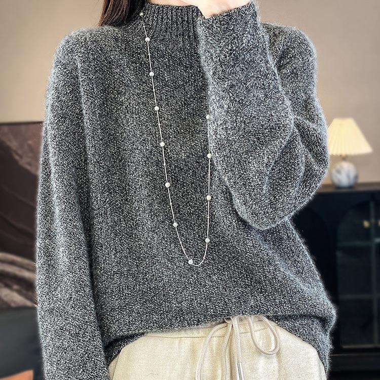Half high neck 100% pure wool sweater, women's loose and lazy style cashmere knit bottom sweater, retro jacquard pullover
