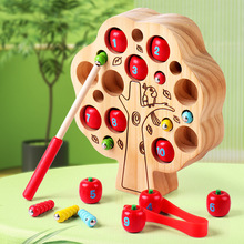 跨境新品兒童木制磁性夾蘋果抓蟲游戲過家家磁力早教嬰兒寶寶玩具