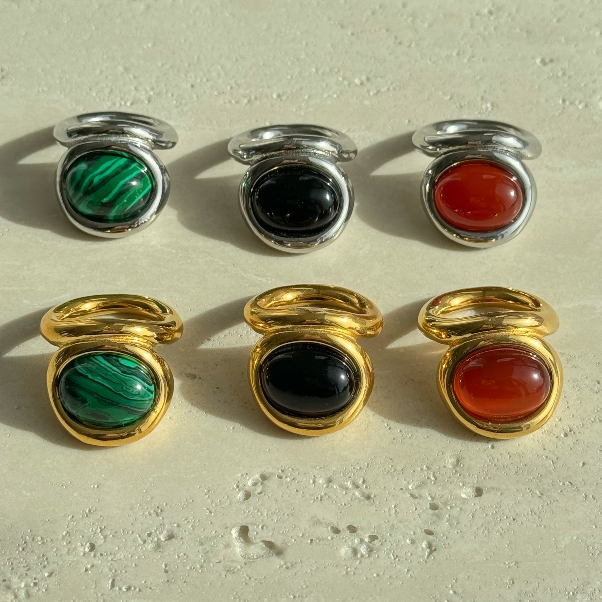 16g Weight Ion Plating (IP) Gold Plating Process Retro Geometric Titanium Steel Inlay Natural Stone Rings