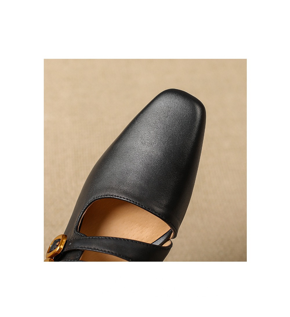 Sandal nữ quai ngang gót vuông ổn định, da bò thật, khóa sau, phong cách Muller — đen chi tiết 18