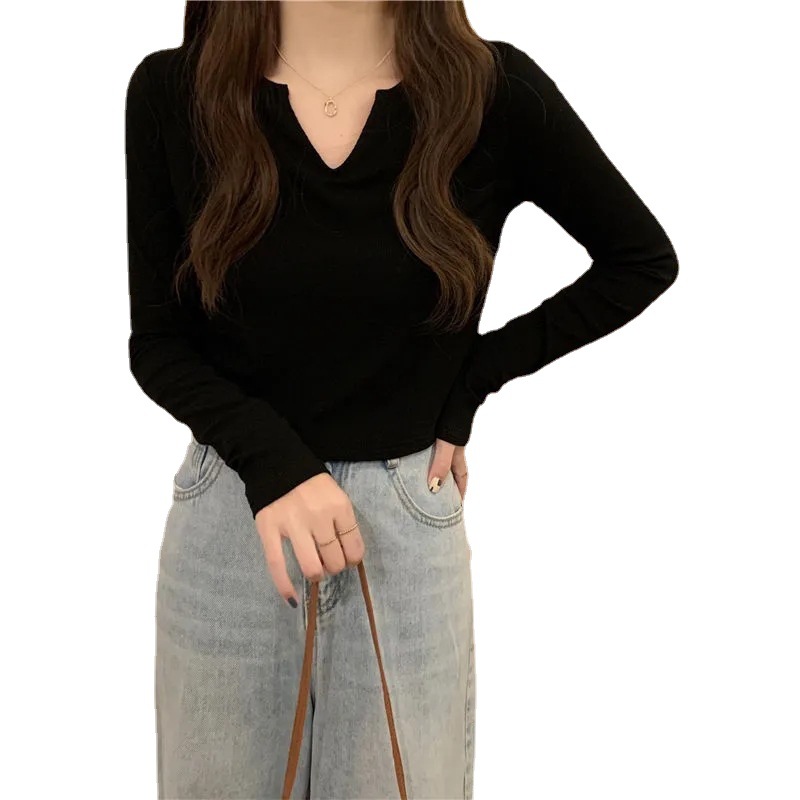 Camiseta única con cuello en V y manga larga para mujer, nueva colección primavera-otoño 2026, estilo coreano, corte ajustado, versátil, camiseta básica, top corto.