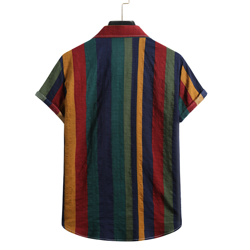2021 verano nuevo tamaño europeo rayas camisa casual solapa manga corta personalidad color rayas camisa delgada para hombres