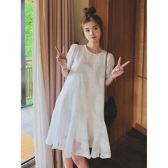 9267 # ゆったりとした妖精ミディアム丈の夏の新しい韓国風の優しいスタイルのパフスリーブホワイトスイートハイとスリム9