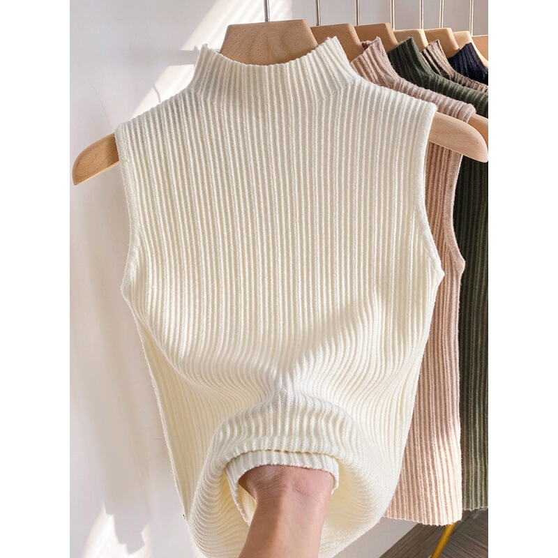Half Turtleneck Knitted Inner Vest for Women Spring, Autumn and Winter New Style Foreign Style Waistcoat Short Sleeveless Outer Wear Thickeneded Bottoming Shirt