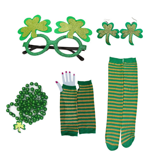 Nuevo trébol irlandés gafas pendientes collar oversleeve calcetines conjunto de cinco piezas Fiesta del día de San Patricio