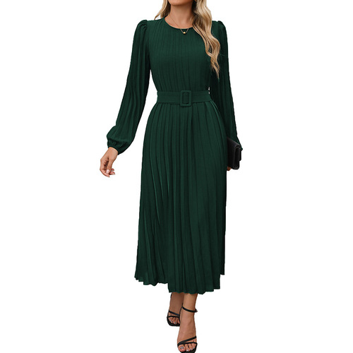 Independent Station Europe 2025 New Autumn Cross-border Party Professional Elegant Retro Long-Sleeve Solid Color Pleated Dress