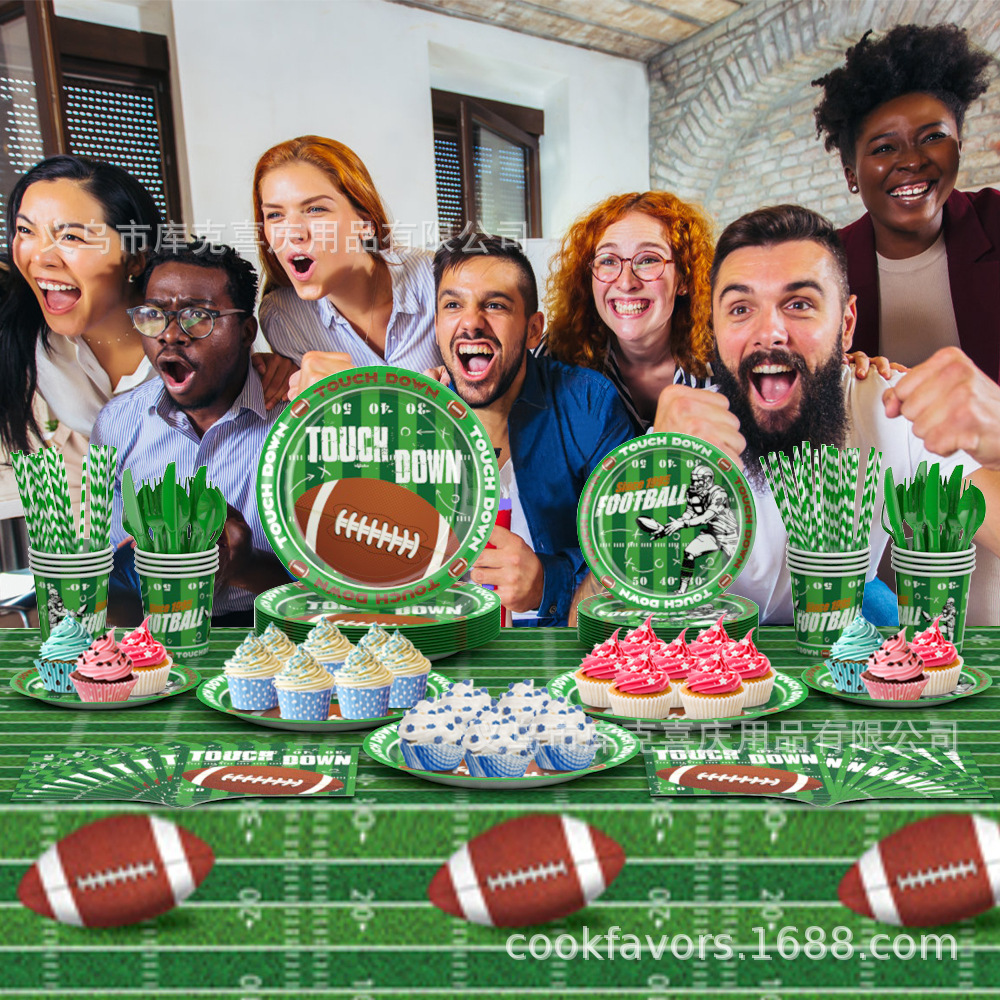 Super Bowl Rugby Party Decoration Fútbol americano bandeja de papel desechable tazas de papel toallas de papel set cubiertos