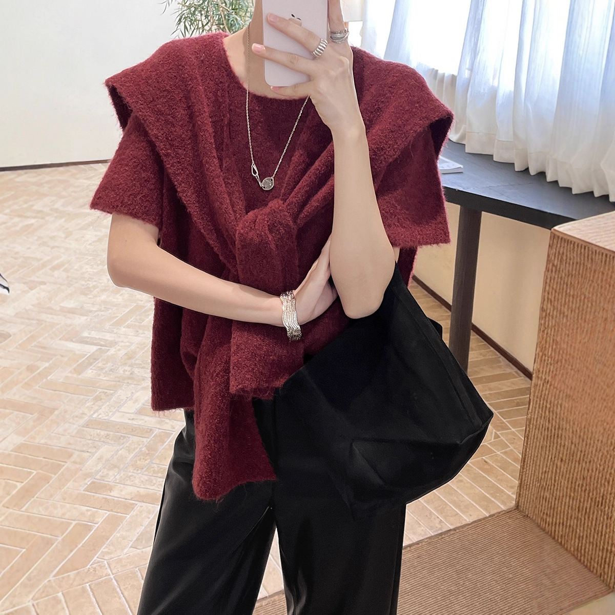 清仓不退换十三行秋冬韩系短袖羊毛上衣女披肩两件套毛衣ZC6141女