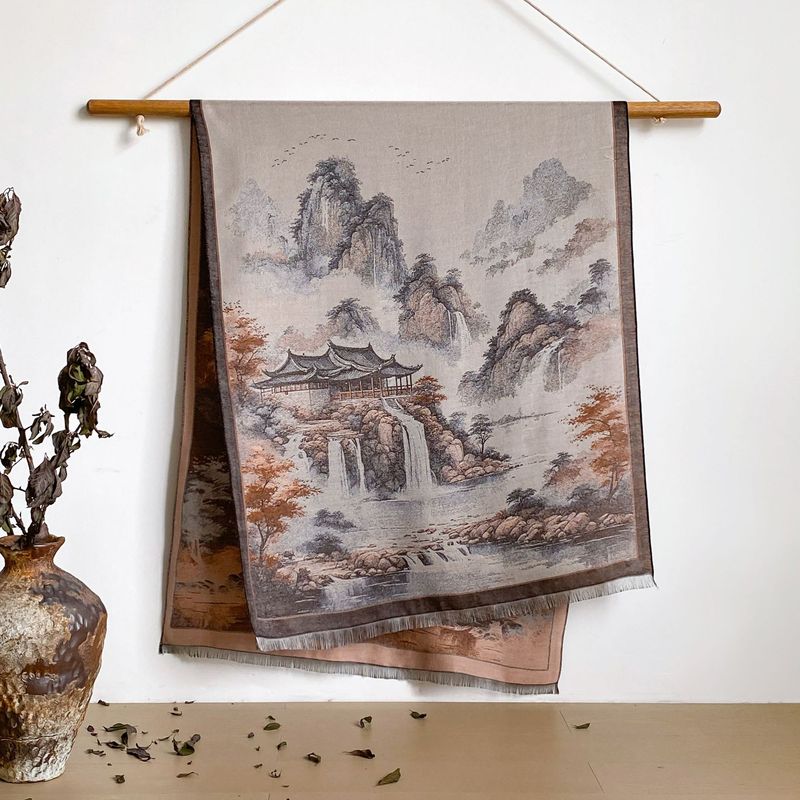 新しい風景油絵秋と冬のロング薄い中国風スカーフ女性の空調部屋模造カシミヤショールスカーフ|undefined
