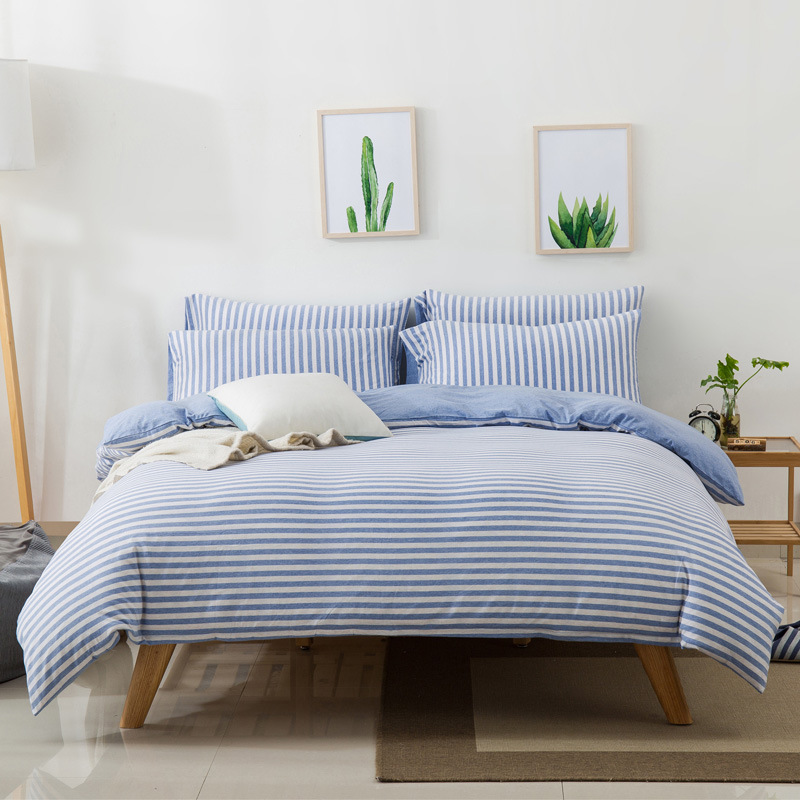 日式无印风针织棉四件套天竺棉套件民宿家用床单床笠款条纹被套