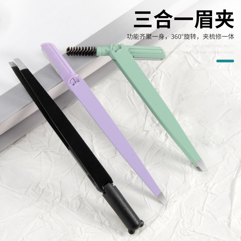 Cat Ear Clip Three-In-One Tweezers, Eyebrow Comb, Portable Double-Headed Eyebrow Brush, Eyebrow Comb, Eyebrow Clip, Eyebrow Trimmer, Multi-Functional Beauty Tool