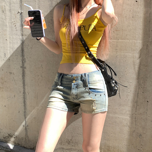 American Style Poplar Nail Sweet Cool Spicy Cowgirl Short Pants for Women 2025 Summer High-Waisted Fitting Slimming Tall-Showing Versatile Trendy Shorts