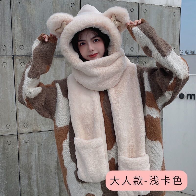 小熊帽子秋冬女款围巾大头围围脖手套一体连帽可爱保暖冬天三件套|undefined