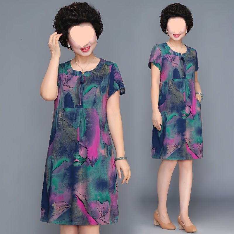 Mom's Summer Dress Women's Mid-Length New Style Middle-Aged and Elderly Large Size Cotton Silk Skirt Grandma's Dress
