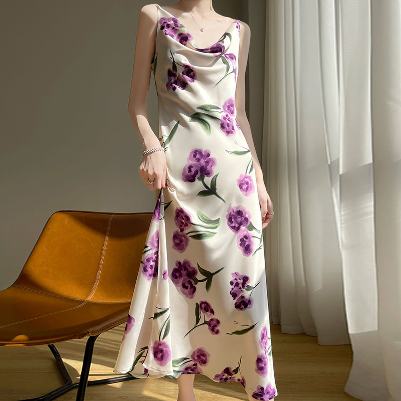 Satin Swing-Neck Suspender Dress for Women, New Summer Printed Mid-Length Dress, High-End, Elegant and Slimming Long Dress