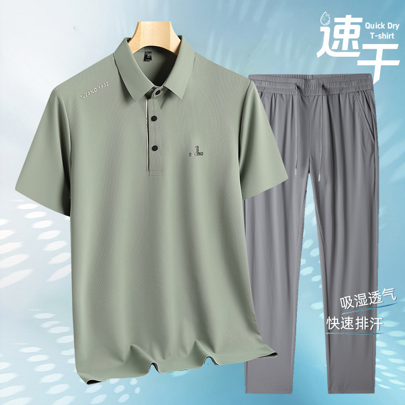 キツツキ夏アイスシルクシームレススーツメンズ半袖 Tシャツカジュアルパンツ 2025 新しいお父さんツーピースセット|undefined