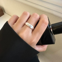 素圈拉絲微笑臉戒指女韓版時尚簡約冷淡風S925銀開口指環食指戒潮