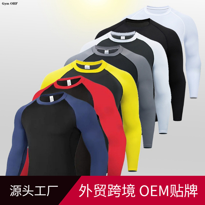 Two-Color Long-Sleeved Pro Cross-Border New Men's Seamless Splicing Sports Tights Fitness Outdoor Training Tops