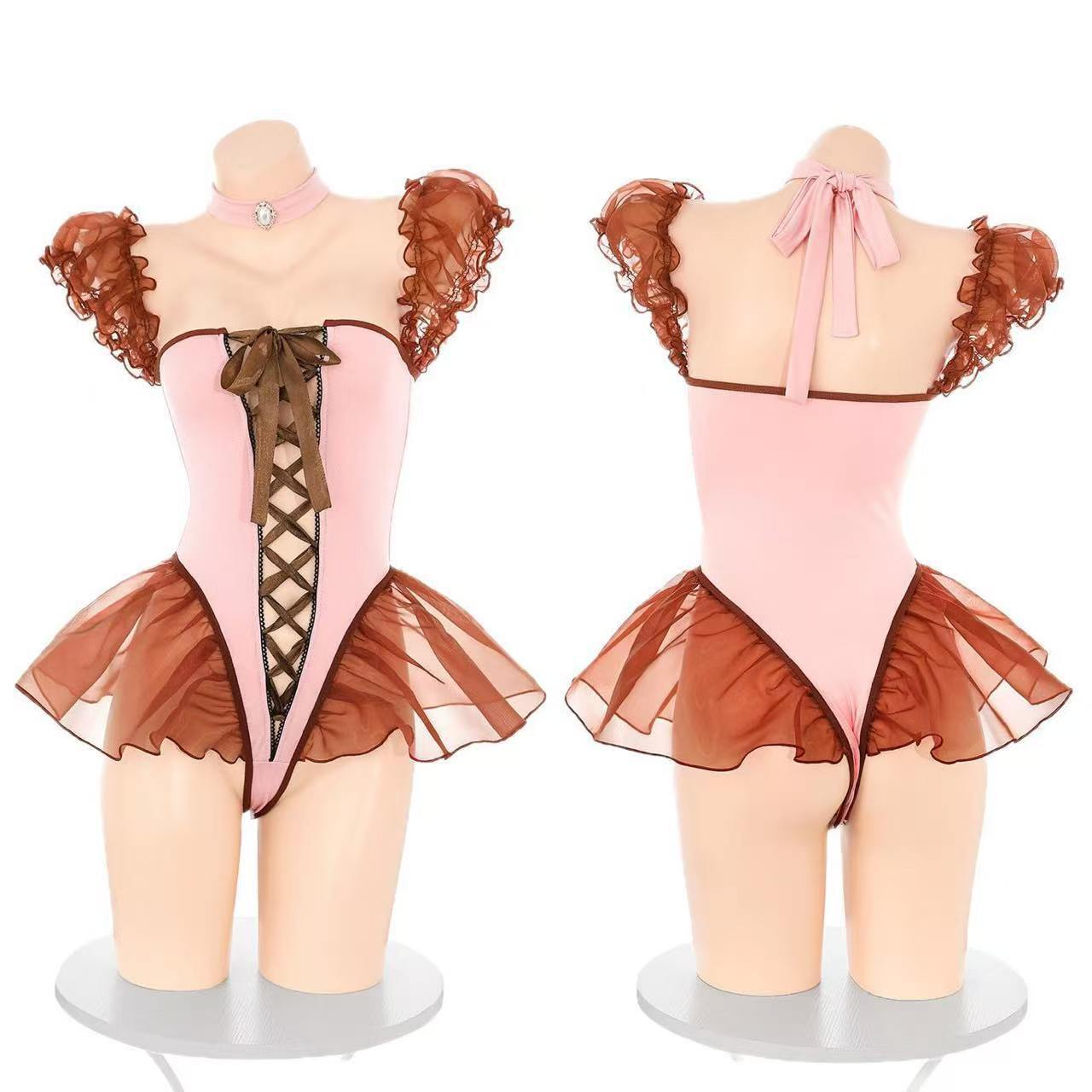 Snap-On Strap Open-Crotch Bodysuit, Uniform-Style Tie-Up Jumpsuit with Bubble Sleeves, One Size — detail image 6