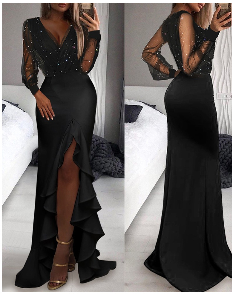 ruffled split mopping diamond-encrusted long sleeve v neck prom dress NSZCQ131680