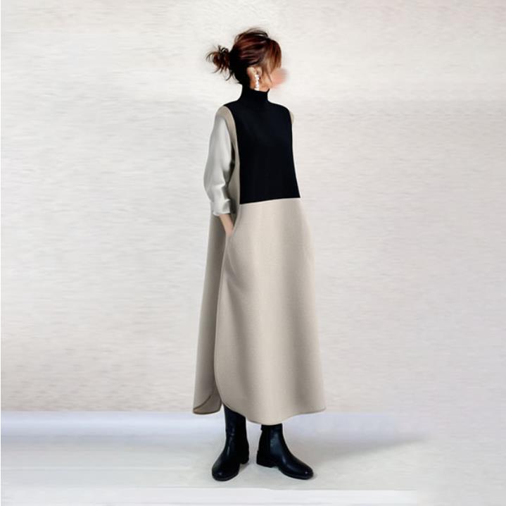 現物クロスボーダー日系2025春新作デザイン感ブラックステッチミディアムワンピースレディース