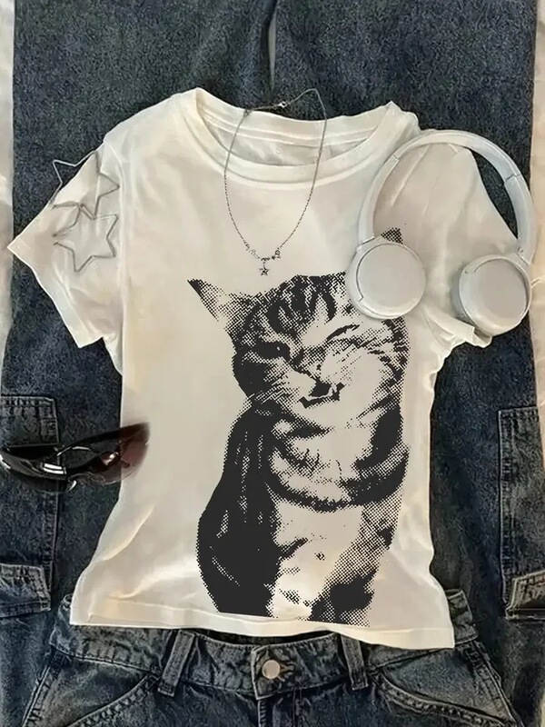 Summer Harajuku Letter Graphic T-Shirt Y2K Top Cat Print Women High Street Oversized T-Shirt Streetwear Vintage T-Shirt Summer Harajuku Letter Graphic T-Shirt Y2K Top Cat Print Women High Street Oversized T-Shirt Streetwear Vintage T-Shirt