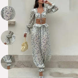 2026新款欧美亚马逊跨境女装时尚长袖露腰休闲简约长裤时尚两件套