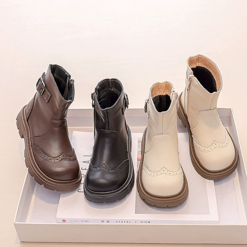 Дропшиппинг, ботинки для девочек, детские полусапожки из натуральной кожи, новинка 2024, детская осенне-зимняя зимняя обувь из двух хлопка в британском стиле